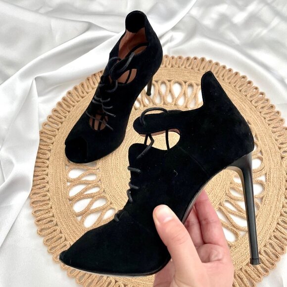 Roland Mouret Suede Black Open Toe Heels in Size US 6 - Picture 1 of 15